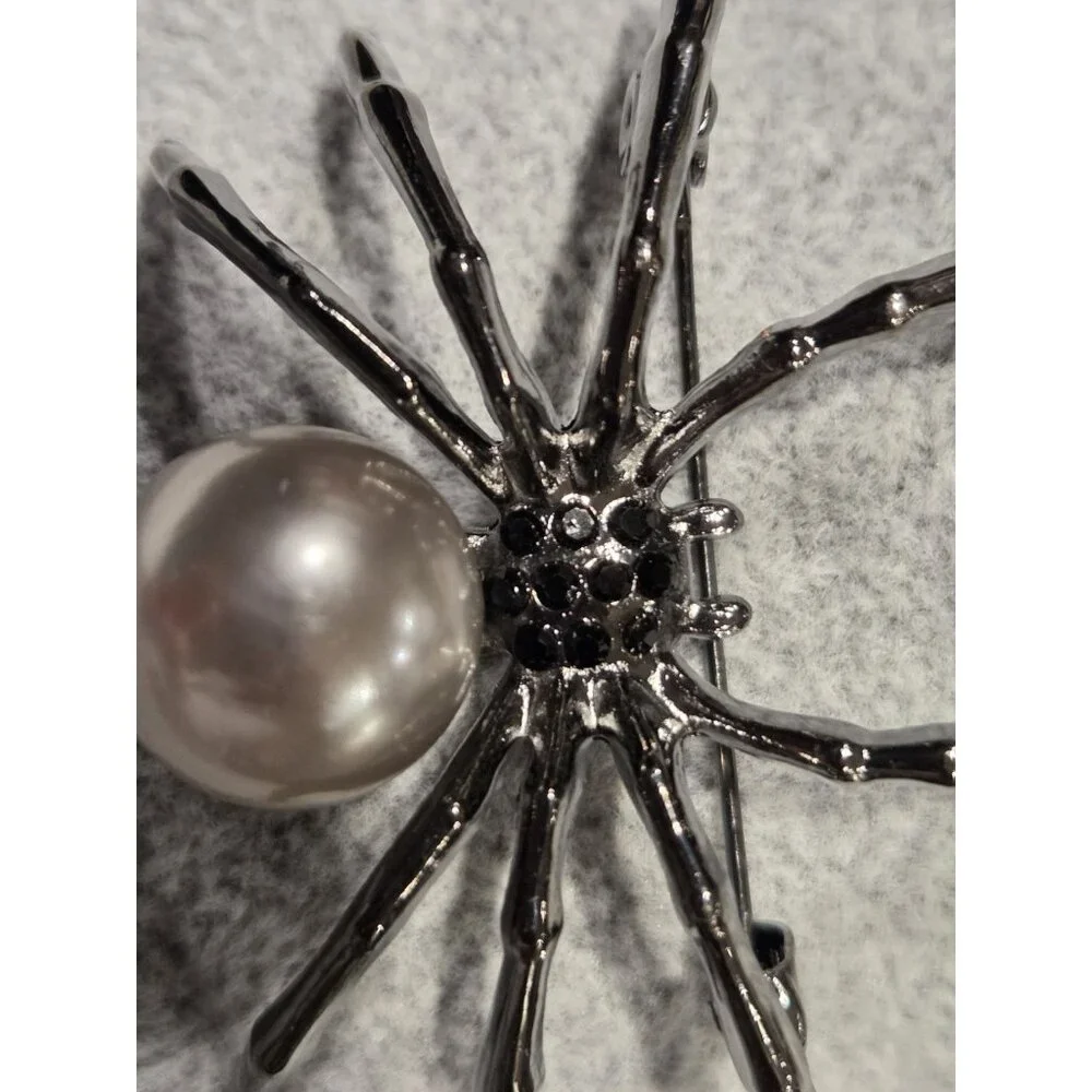 Gunmetal Spider Pendant Brooch Faux Silver Pearl Body & Black Rhinestone 2x1.75" - Picture 8 of 13